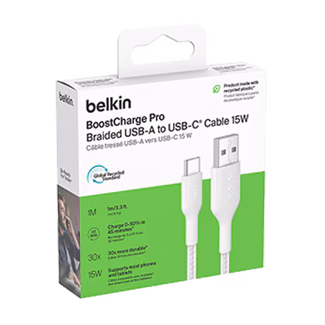 Image numéro 2 de Câble BoostCharge Pro USB-A vers USB-C (1 m, blanc) – Belkin