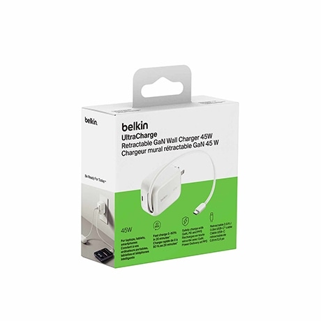 Chargeur mural rétractable au nitrure de gallium UltraCharge de Belkin (45 W)