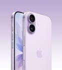 iPhone 17, lavande, face avant, face arrière de biais, système à deux caméras Fusion dans le coin supérieur gauche, commande de la caméra, face avant, écran intégral, bouton Action, boutons de volume et bouton latéral