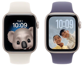 Fun and funny watch faces, Face 1: Koala Memoji, time centred at top of screen, Face 2: Photos, time in top-right corner