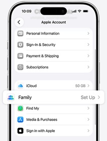 Parent's Apple account screen with Family Setup highlighted
