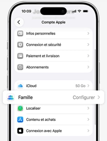 Écran d’un compte Apple parental avec la section de configuration familiale en évidence