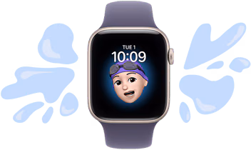 Apple Watch SE 3, boîtier en aluminium, comète, cadran Memoji, illustrations d’éclaboussures d’eau qui n’atteignent pas l’appareil résistant à l’eau, bracelet sport brume violette