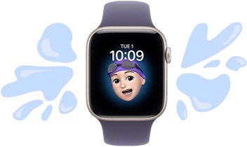 Apple Watch SE 3, aluminum case, startlight colour, Memoji watch face, illustrated water splashes off water-resistance device, purple fog Sport Band