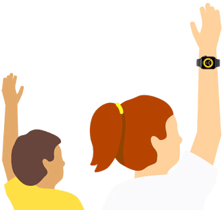 Two students from behind with their arms raised in class, one of them is wearing an Apple Watch