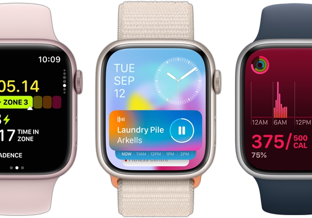 A front view of five Apple Watch devices showing how much more information is on each thanks to the Watch OS 10 update.