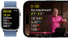 Apple Watch montrant des données d’entraînement et iPhone montrant un entraînement Apple Fitness+.