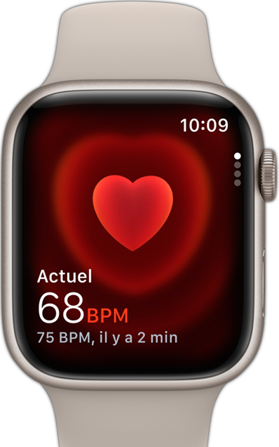 Vue avant d’une Apple Watch affichant une fréquence cardiaque.