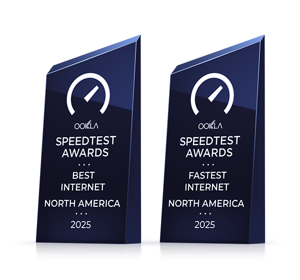 Two Ookla Speedtest Awards trophies side-by-side reading: Ookla Speedtest Awards Best Internet North America 2025 and Ookla Speedtest Awards Fastest Internet North America 2025