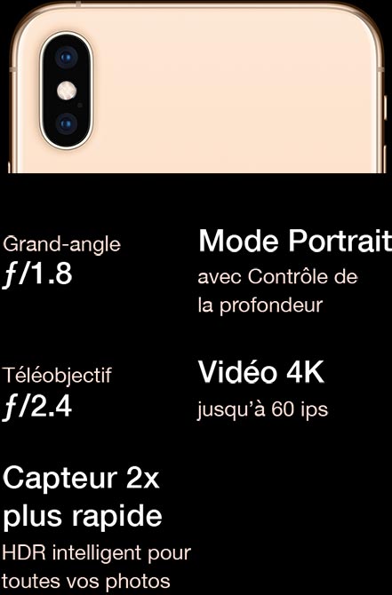 Grand-angle f/1.8. Téléobjectif f/2.4. Capteur 2 fois plus rapide. HDR intelligent pour vos photos. Mode Portrait. Vidéo 4 K.
