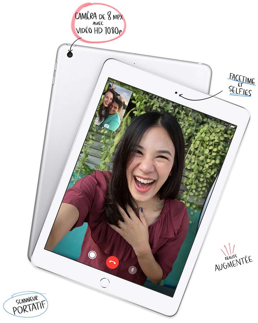 Caméra de 8 mégapixels avec vidéo HD 1080p. Facetime et selfies, scanneur portatif et réalité augmentée.