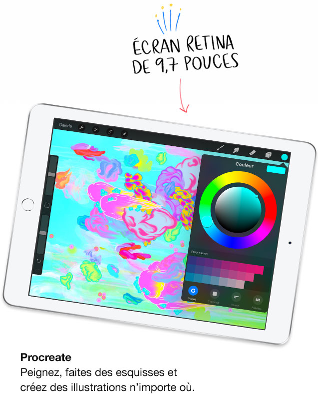 Écran Retina de 9,7 pouces. Procreate. Peignez, faites des esquisses et créez des illustrations n’importe où.