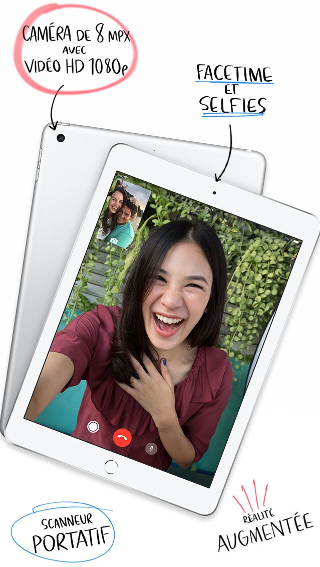 Caméra de 8 mégapixels avec vidéo HD 1080p. Facetime et selfies, scanneur portatif et réalité augmentée.