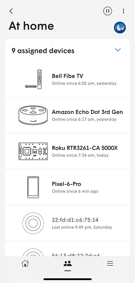 A mobile phone displays a directory of who is connected and one what devices. Long description follows.