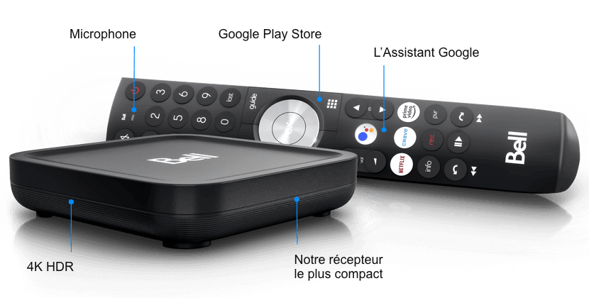 Notre télécommande vocale fonctionne avec l’Assistant Google et comprend un microphone. Elle offre un accès direct à la boutique Google Play Store. Notre récepteur le plus compact, la boîte Télé Fibe, prend en charge la technologie 4K HDR.