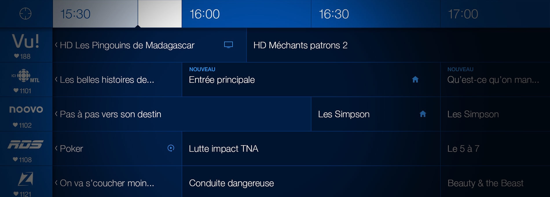 Horaire télé numérique affichant les chaînes, les émissions et leurs heures de diffusion.