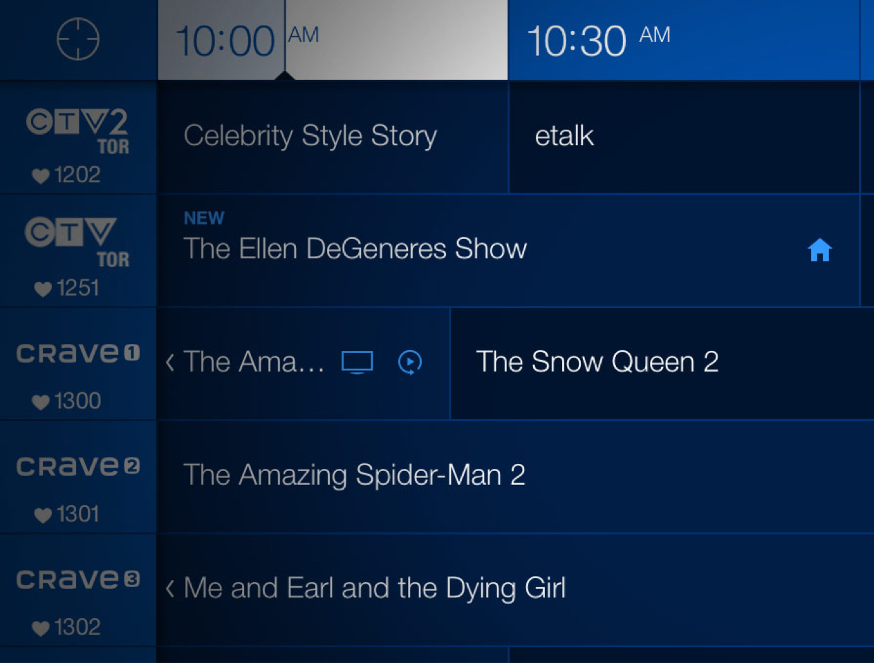 A TV guide showing channels and shows by hour.