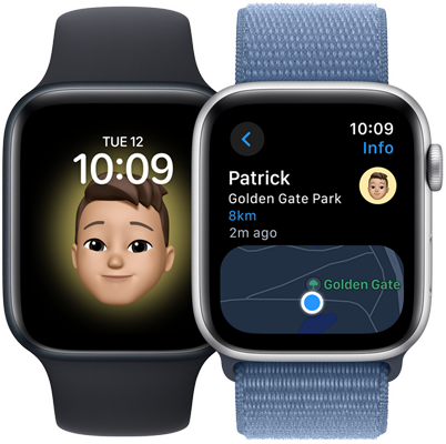 Two Apple Watch SE models. One displays a user's memoji wallpaper. The other a Maps app screen displaying the same user's location.
