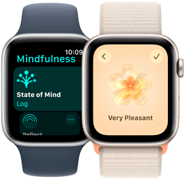 Two Apple Watch SE models. One displays the Mindfulness app screen with State of Mind highlighted. The other displays "Very Pleasant" state of mind selection.