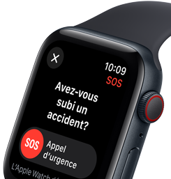 Le bouton d’appel d’urgence de la fonctionnalité Détection d’accident est affiché sur une Apple Watch SE.