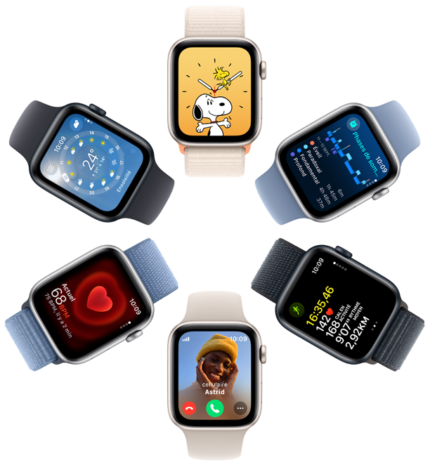 Vue en surplomb de six Apple Watch SE dont les écrans affichent les éléments suivants : un fond d’écran Snoopy, des données de l’app Sommeil, des données de l’app Exercice, un appel entrant, une fréquence cardiaque et l’app Météo.