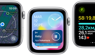 Vue avant de plusieurs Apple Watch SE affichant différentes apps repensées.