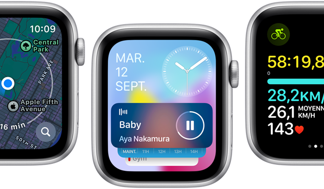Vue avant de plusieurs Apple Watch SE affichant différentes apps repensées.