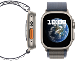 Vue de l’avant et du côté de la nouvelle Apple Watch Ultra 2 carboneutre