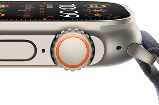 Image d’une Apple Watch Ultra 2 montrant son boîtier en titane robuste, son écran plat, sa Digital Crown et son bouton latéral