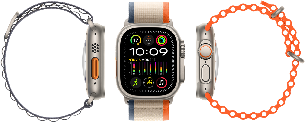 Image montrant la compatibilité d’Apple Watch Ultra 2 avec trois types de bracelets, son vaste écran, son boîtier en titane robuste, le bouton Action orange et la Digital Crown