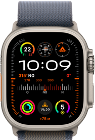 Image d’une Apple Watch Ultra 2 sur laquelle est fixé un bracelet Alpin bleu, montrant un cadran avec les complications GPS, température, boussole, altitude et exercice.