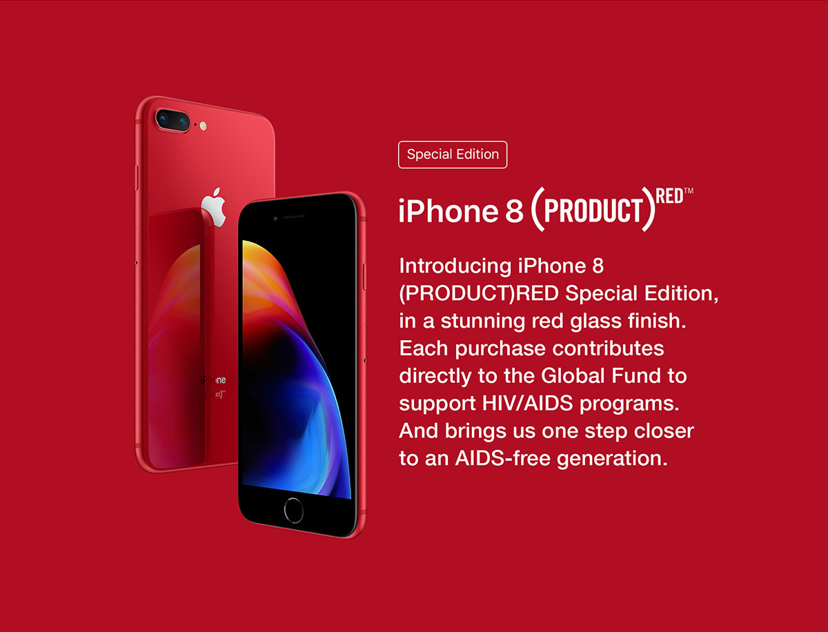 iPhone 8 (PRODUCT)RED in a red glass finish. Each purchase contributes to the Global Fund to support HIV/AIDS programs.