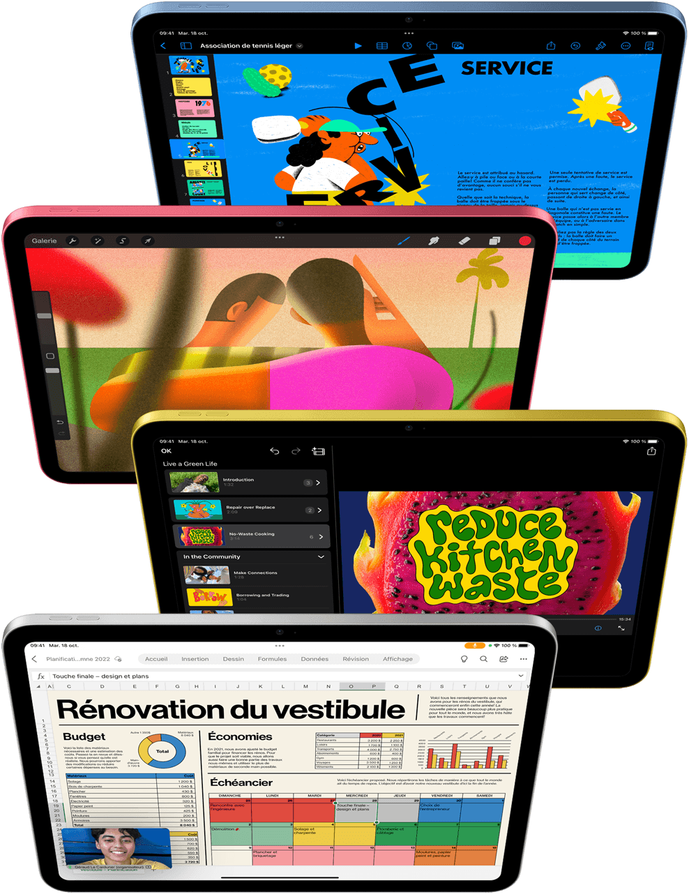 Image montrant les apps Keynote, Procreate et iMovie, ainsi que Microsoft Excel avec une vignette WebEx en superposition.