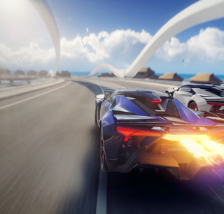 Image d’un jeu vidéo où une voiture négocie un virage à toute vitesse.