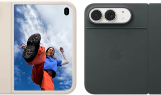 iPhone Duo, Star White colour in Sand Silicone Case, landscape orientation, fully opened horizontally, Dual Fusion cameras on the top left, case covers the back exterior and outer edge of the front display, right side features portrait of person on outer display. iPhone Duo, Star White colour, fully opened horizontally, Navy Blue Folio with Kickstand, fully opened horizontally, back exterior featuring the 48MP Dual Fusion rear cameras, two lenses