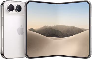 iPhone Duo, folded back exterior, Star White colour, Dual Fusion camera system at top left, Apple logo in centre. Unfolded interior display, all-screen design, rounded corners