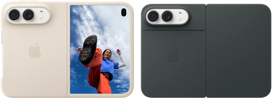 iPhone Duo, couleur blanc stellaire, dans un étui en silicone sable, orientation paysage, complètement ouvert à l’horizontale, deux caméras Fusion dans le coin supérieur gauche, l’étui couvre la face arrière externe et les bordures extérieures de l’écran avant, à droite, l’écran externe affiche le portrait d’une personne. iPhone Duo, couleur blanc stellaire, complètement ouvert à l’horizontale, étui Folio à support intégré bleu marine, face arrière externe présentant les deux caméras arrière Fusion 48 Mpx, deux objectifs