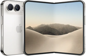 iPhone Duo, face arrière externe pliée, couleur blanc stellaire, système à deux caméras Fusion dans le coin supérieur gauche, logo Apple au centre. Écran interne déplié, écran intégral, coins arrondis