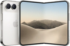 iPhone Duo, face arrière externe pliée, couleur blanc stellaire, système à deux caméras Fusion dans le coin supérieur gauche, logo Apple au centre. Écran interne déplié, écran intégral, coins arrondis