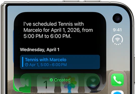 iPhone Duo, plié, l’écran externe affiche une notification Siri A I indiquant une mise à jour du calendrier