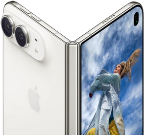 iPhone Duo, partiellement ouvert à la manière d’un livre, avec le mécanisme à charnière au centre; à gauche, le volet arrière externe montre le logo Apple et les deux caméras, à droite, l’écran externe affiche le portrait photo d’une personne blonde