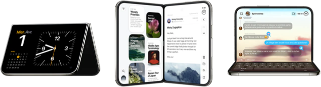 iPhone Duo, dans différentes positions : à l’envers, ouvert et en orientation paysage; déplié et légèrement en angle, écran externe, écran intégral. Debout et légèrement ouvert à la manière d’un livre. Ouvert en orientation paysage, déplié à angle droit, écran interne, écran intégral
