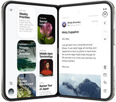 iPhone Duo, dans différentes positions : à l’envers, ouvert et en orientation paysage; déplié et légèrement en angle, écran externe, écran intégral. Debout et légèrement ouvert à la manière d’un livre. Ouvert en orientation paysage, déplié à angle droit, écran interne, écran intégral