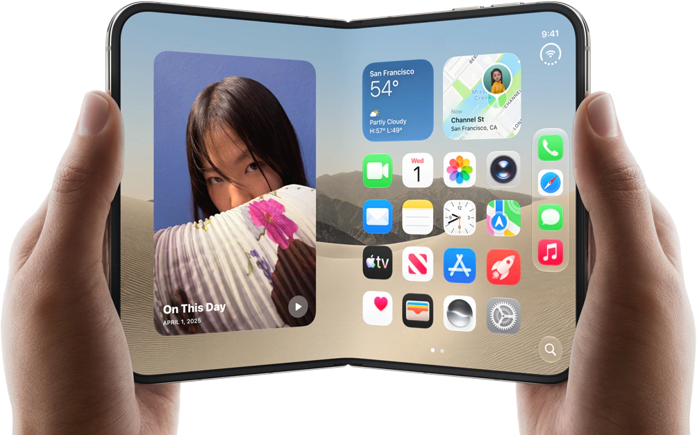 iPhone Duo, Star White colour, held by two hands in landscape orientation, unfolded, interior screen displays photos on the left, apps on the right