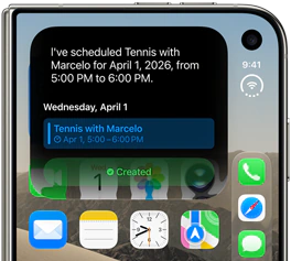iPhone Duo, folded, outer display shows Siri AI notification indicating a calendar update
