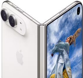 iPhone Duo, partially open like a book with hinge mechanism in the centre, exterior back panel on the left features an Apple logo and dual-camera, outer display on the right shows a portrait photo of a person with blonde hair