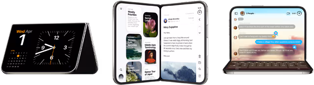 iPhone Duo, various positions: inverted open landscape orientation, unfolded at slight angle, exterior display, all-screen design. Slightly open like a book and standing upright. Open landscape orientation, unfolded at right angle, interior display, all-screen design