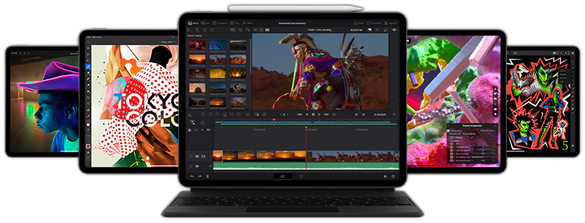Front view of iPad Pro with Smart Keyboard Folio and Apple Pencil attached displaying Resolve for iPad app along with other iPad devices behind it.